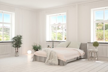 Fototapeta na wymiar White bedroom interior. Scandinavian design. 3D illustration