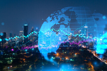 FOREX graph hologram, aerial night panoramic cityscape of Bangkok, the developed location for stock market researchers in Asia. The concept of fundamental analysis. Double exposure.