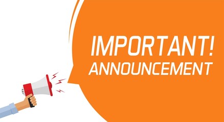 Attention important information message banner or caution alert notice announcement warning concept with megaphone and hand vector flat cartoon illustration, main news advertisement text