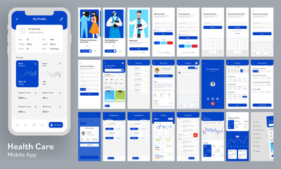 Healthcare Mobile App Ui Kit with Responsive Website Wireframes on Grey Background. - obrazy, fototapety, plakaty