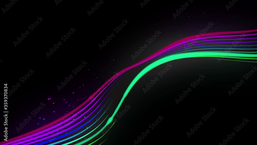 Poster multi-colored neon lines of ribbon fly in the air, smoothly oscillation and wave. lines color change