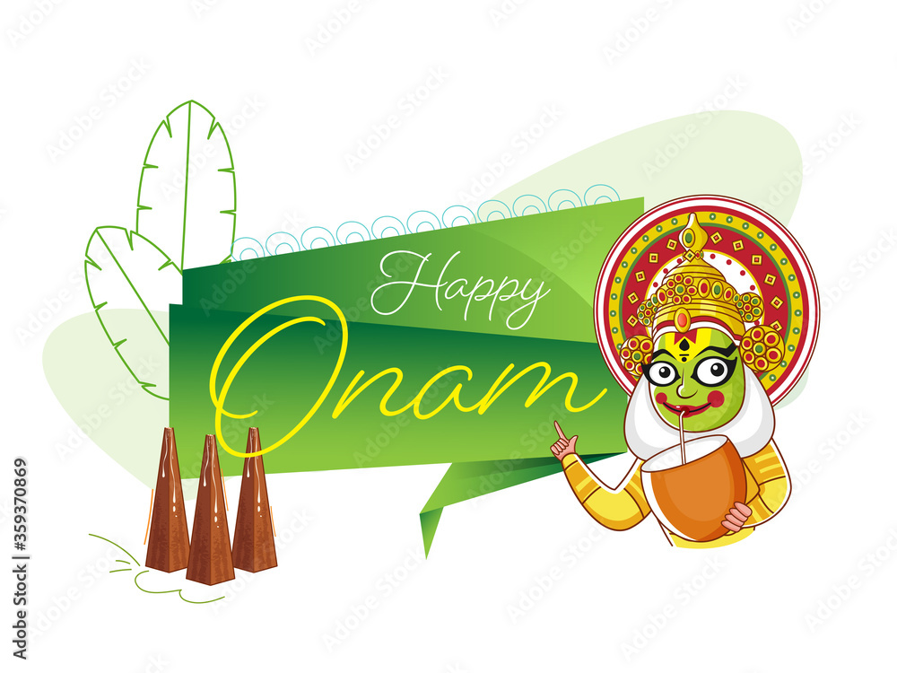 Sticker Cartoon Kathakali Dancer Drinking Coconut Water with Showing Happy Onam Ribbon, Line Art Banana Leaves and Thrikkakara Appan Idol on White Background.