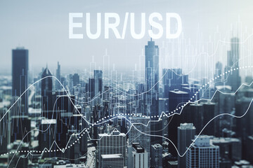 EURO USD financial graph illustration on Chicago cityscape background, forex and currency concept....