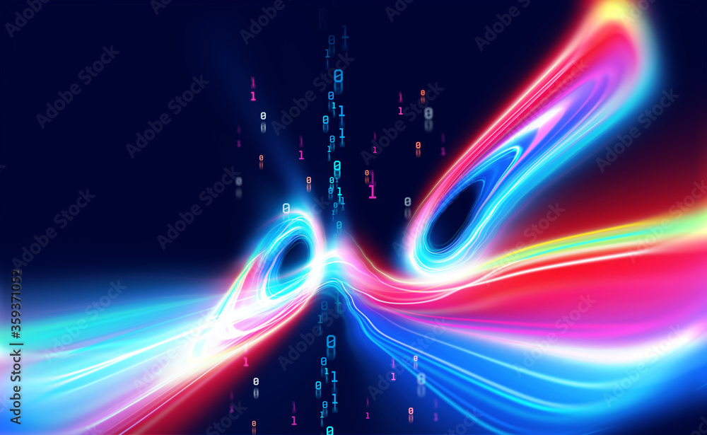 Aufkleber Visualized data stream. Abstract neon field, fractal elements of digital data and binary code. Full-color 3D illustration on a dark background
