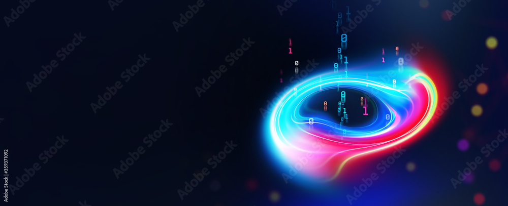Aufkleber Visualized data stream. Abstract neon field, fractal elements of digital data and binary code. Full-color 3D illustration on a dark background