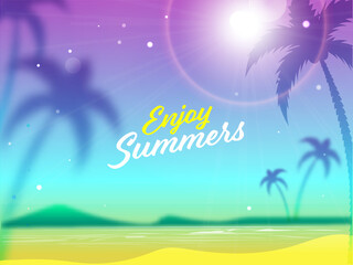 Fototapeta na wymiar Enjoy Summers Font on Blurred Gradient Beach Sunshine Background.