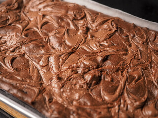 Close-up macro photograph of chocolate cake or brownie texture. abstract surface pattern for background.