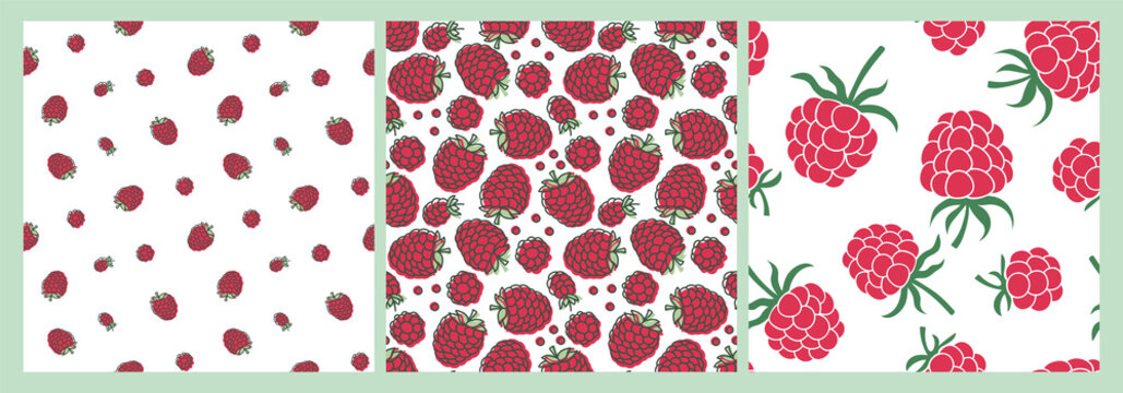 Red raspberry. Berry seamless pattern set. Vector food fashion print. Design elements for textile or clothes. Hand drawn doodle repeating delicacies. Cute background