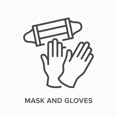 Face mask and gloves flat line icon. Vector outline illustration of coronavirus PPE. Medical safety wear thin linear pictogram