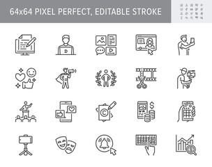 Blogger line icons. Vector illustration included icon as blog monetization, video editing, personal brand, copywriting outline pictogram of social media content. 64x64 Pixel Perfect Editable Stroke