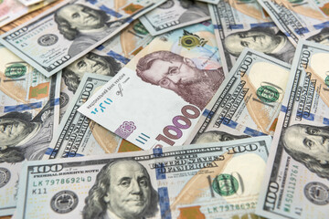 Fototapeta na wymiar Ukrainian hryvnia and dollar exchange close-up top view