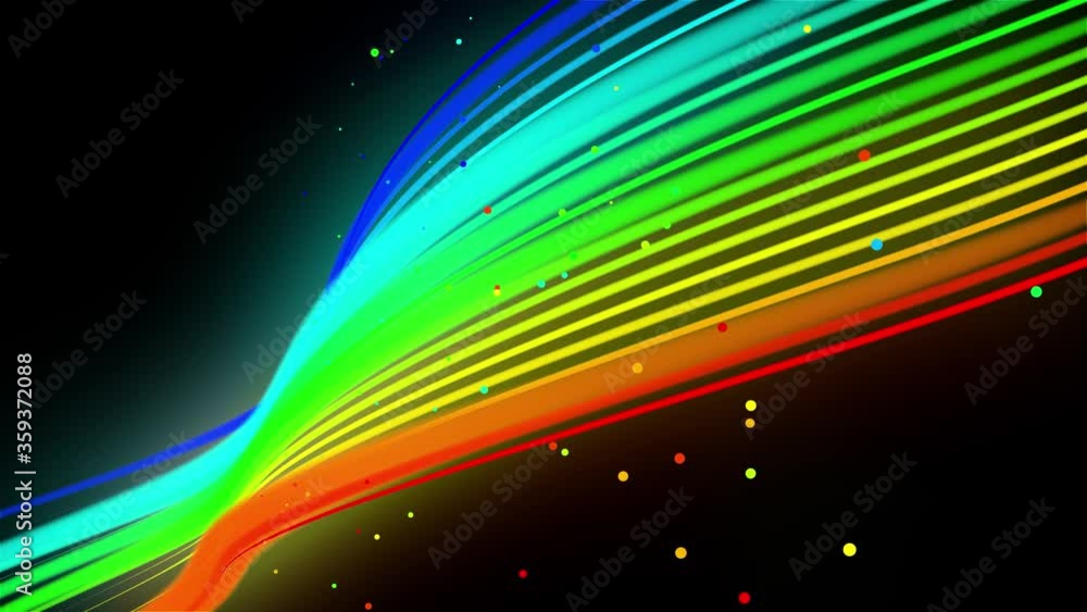 Poster rainbow color neon lines fly in the air, smoothly oscillation and wave. 3d abstract looped creative 