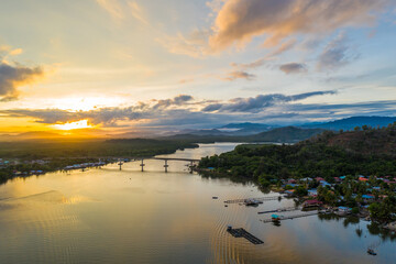 Aerial image of Mengkabong River during twilight sunrise at Tuaran, Sabah