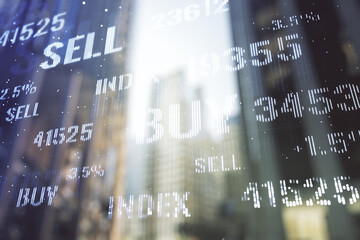 Fototapeta premium Multi exposure of abstract financial graph on office buildings background, financial and trading concept
