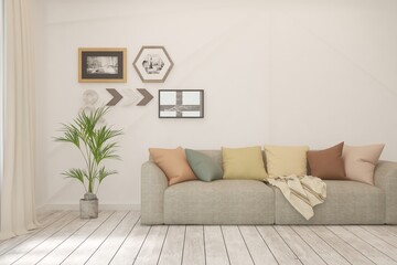 White living room with sofa. Scandinavian interior design. 3D illustration