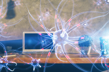 Desktop computer background and neuron drawing. Double exposure. Education concept.