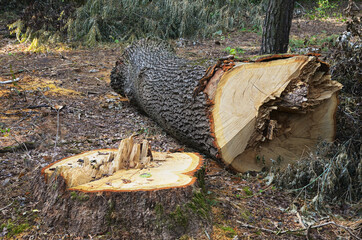 A stump and a fallen trunk of a large oak in the forest. Type of cross cut with protruding fragments.