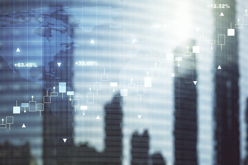 Double exposure of abstract financial graph with world map on office buildings background, forex and investment concept