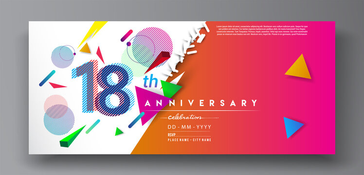 18th years anniversary logo, vector design birthday celebration with colorful geometric isolated on white background.
