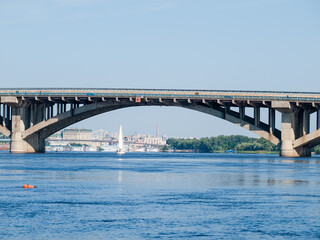 One span of arch concrete bridge over river, Kyiv, Ukraine