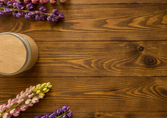 Cosmetic bottle containers with herbal lupin flowers