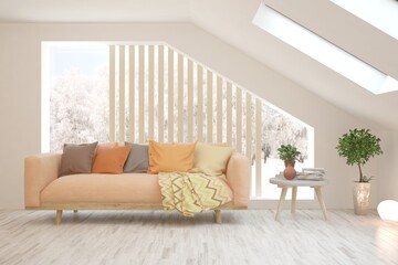 White living room with sofa. Scandinavian interior design. 3D illustration