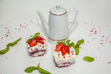 Beautiful dessert with strawberries and mint
