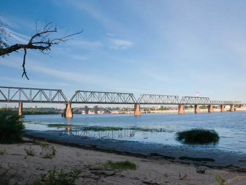 Railroad truss bridge across river, Kyiv, Ukraine