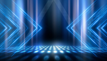 Fototapeta premium Background of empty stage show. Neon blue and purple light and laser show. Laser futuristic shapes on a dark background. Abstract dark background with neon glow