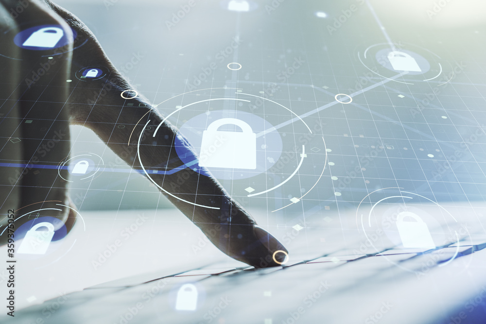 Poster creative lock illustration with microcircuit and hands typing on computer keyboard on background, cy