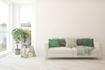 White living room with sofa. Scandinavian interior design. 3D illustration