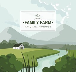 Farm landscape with house, mountains and a river. Nature.  - 359375899