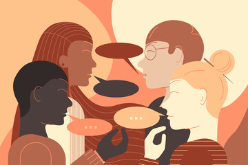 Illustration of a group of young people of different ethnics having a conversation face to face. © Dumitru