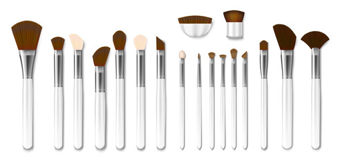 Set of Professional white makeup brushes isolated. Realistic Powder Blush, Eye Shadow, Brush or Brow. 3d Vector illustration