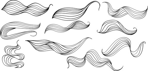 Collection of abstract, linear waves. Outline objects made in the linear style. Editable vector illustration of wave. Perfect for banner, postcard, social media