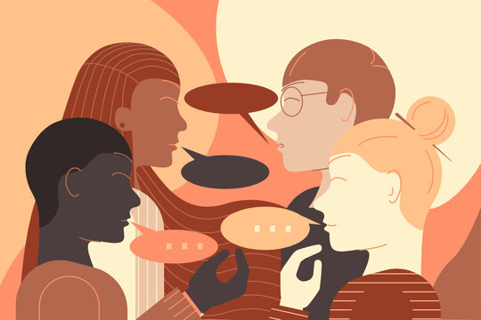 Illustration ot a group of young people of different ethnicies having a conversation face to face. Vector.
