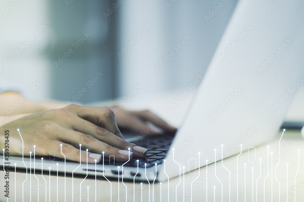 Poster creative abstract micro chip hologram and hands typing on computer keyboard on background, artificia