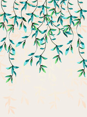 Floral background with aquamarine leaves. Twigs with exotic tropical leaves hanging from the top.