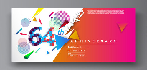 64th years anniversary logo, vector design birthday celebration with colorful geometric isolated on white background.