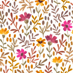 Watercolor flowers and leaves. Hand painted seamless floral pattern. Vintage print for wallpaper, wrapping paper, textile