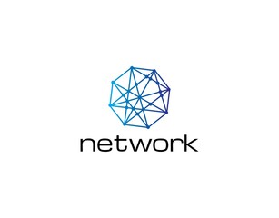 Fototapeta premium Simple Logo of Network and Technology. Design with Dot Connection on Blue Geometric Hexagonal. This Logo Very Suitable for Technology Business, etc. Vector Illustration.