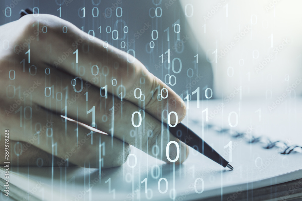Poster creative concept of binary code illustration and man hand writing in notebook on background. big dat