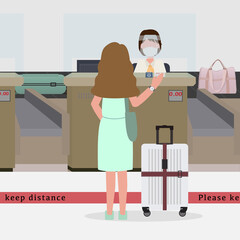 In new normal concept. Woman wear green dress going to check in at the airport and stand behind red line for keep distance. Staff at counter wear mask and face shield for spread of disease.