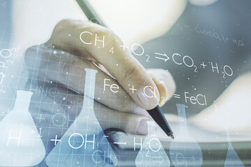 Creative chemistry illustration with woman hand writing in diary on background, science and research concept. Multiexposure