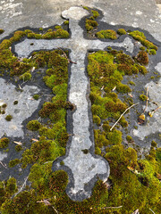ancient stone crucifix covered In moss
