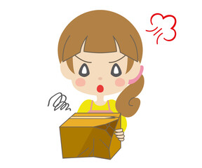 凹んだ箱を持って怒る女性