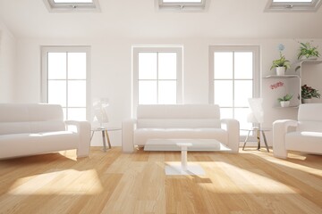 modern room with white sofa,arrmchairs,tables and lamps interior design. 3D illustration
