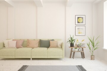 Fototapeta na wymiar White natural living room with sofa. Scandinavian interior design. 3D illustration