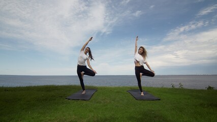 Two women in activewear practise yoga doing Tree pose Vrksasana Vriksasana standing on the of edge of coast near the lake