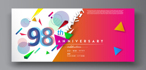 98th years anniversary logo, vector design birthday celebration with colorful geometric isolated on white background.